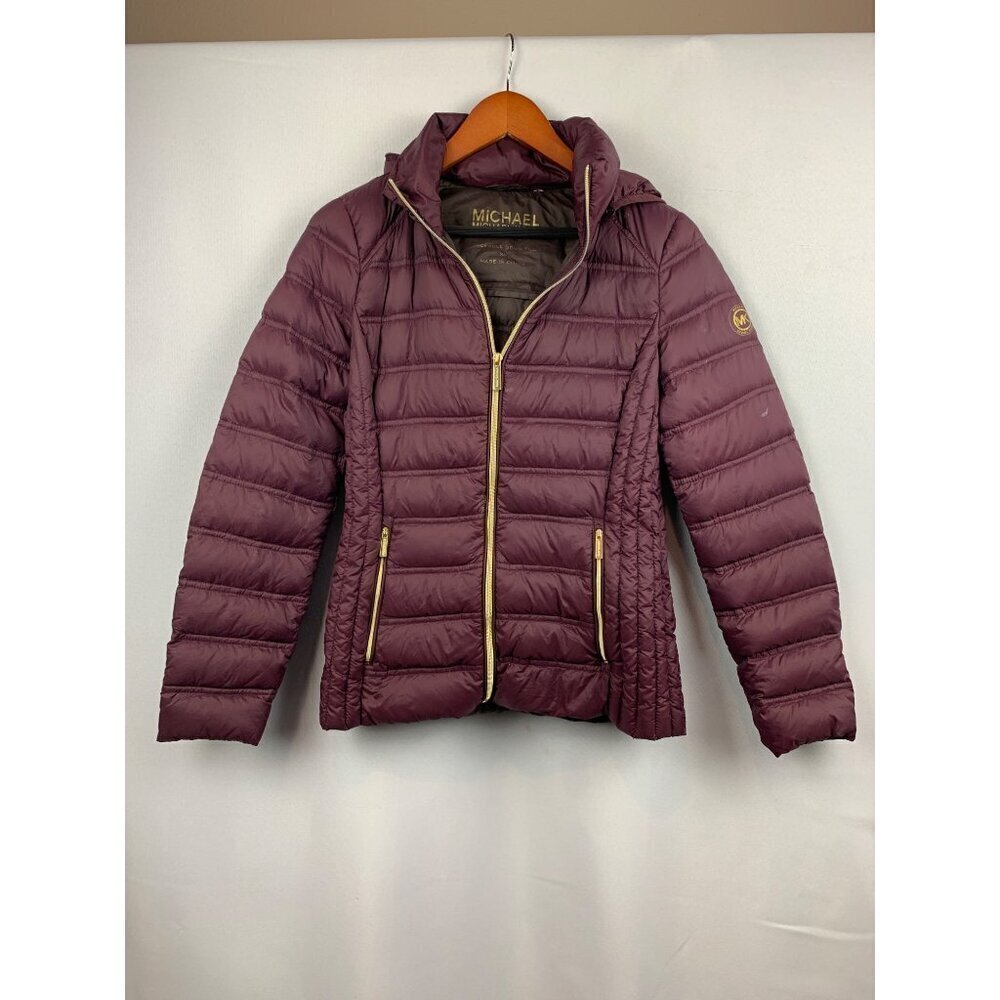 Michael Kors Womens XS Packable Down Puffer Jacket Nylon Plum